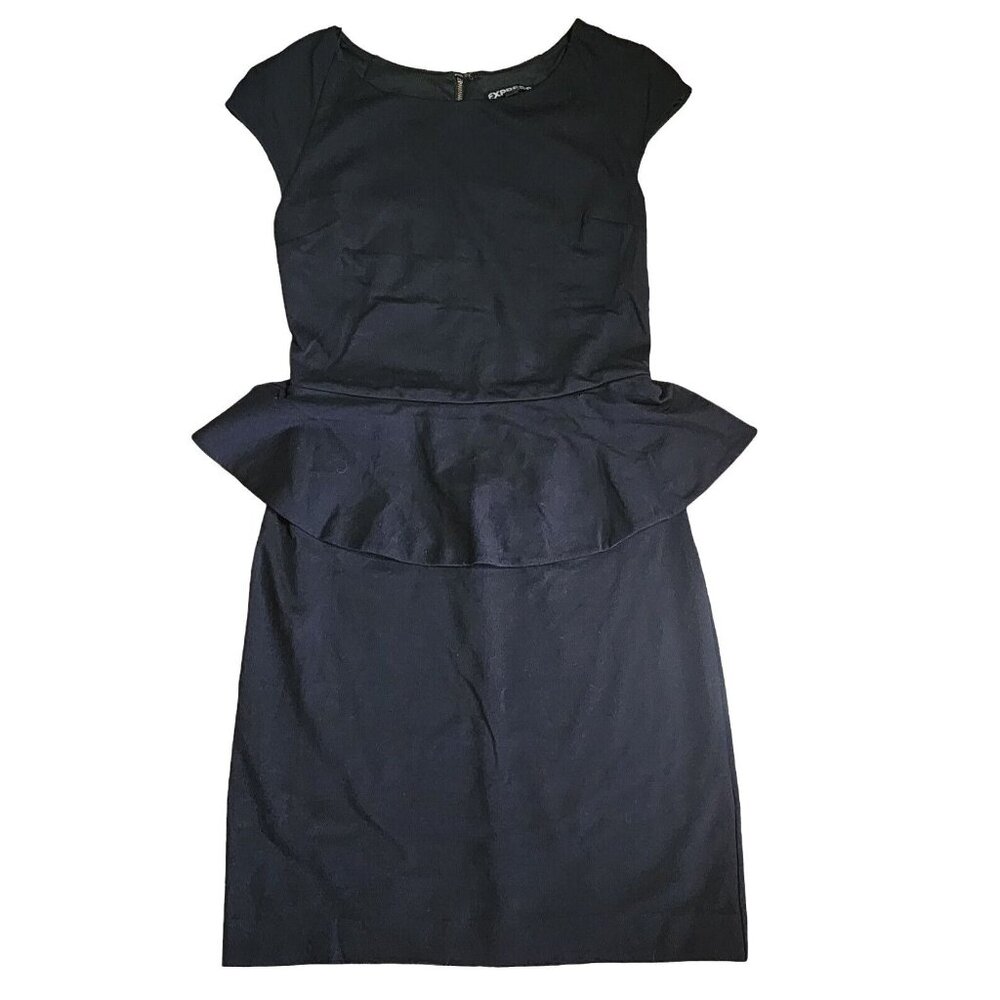 Express Dress Womens Size 2 Solid All Black‎ Cap Sleeve Peplum Zip Lace Back LBD